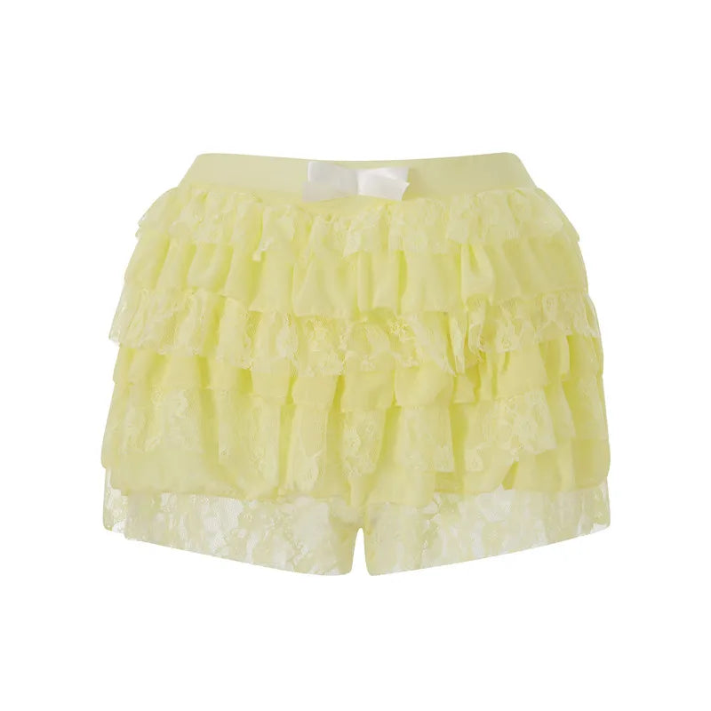 Women Mesh Lace Bloomer Shorts Y2k Layered Ruffle Frilly Booty Shorts Fairy Bowknot Sexy Boy Shorts Panties Party Clubwear