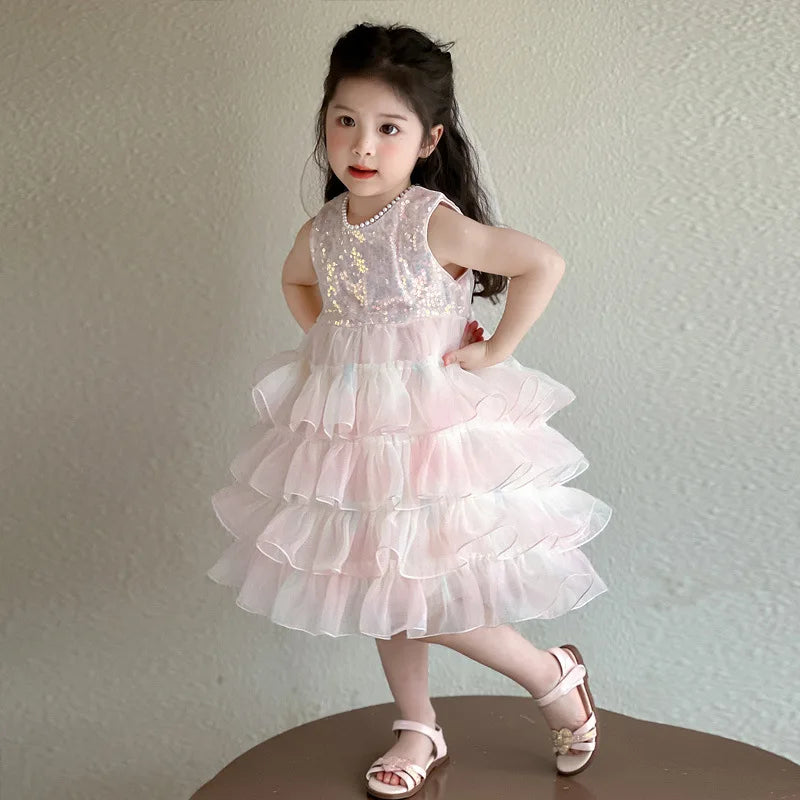 Girls Dress 2026 Spring Summer New Children's Clothing Korean Style Girl Baby Sweet Sequin Cake Princess Dress with Veil