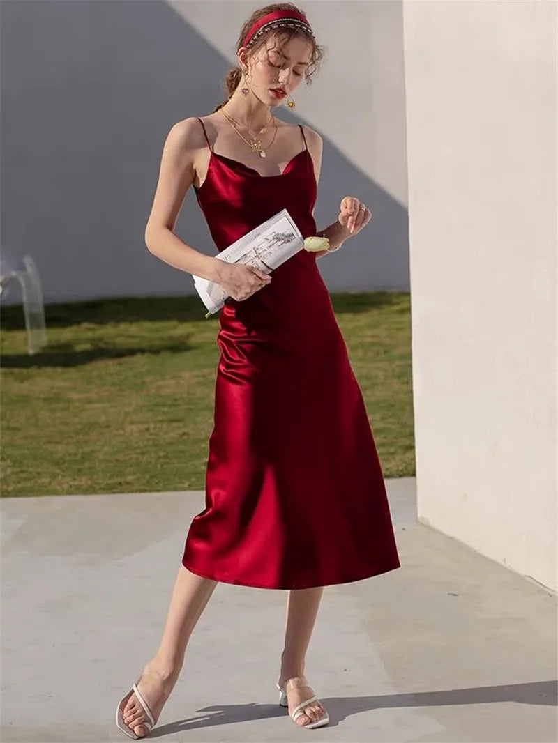 Sexy Spaghetti Strap Burgundy Vintage artificial silk Party Dresses Summer Women Satin Slip Dress Femme long Robe Vestidos
