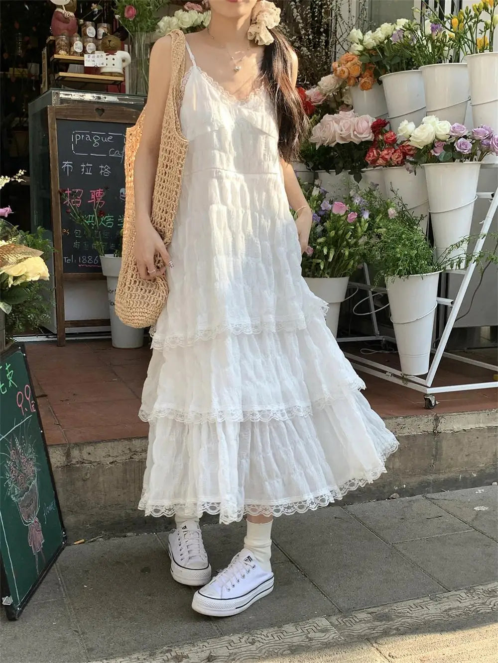 Women's Lace Ruffle Maxi Dress – Elegant Spaghetti Strap Summer Dress