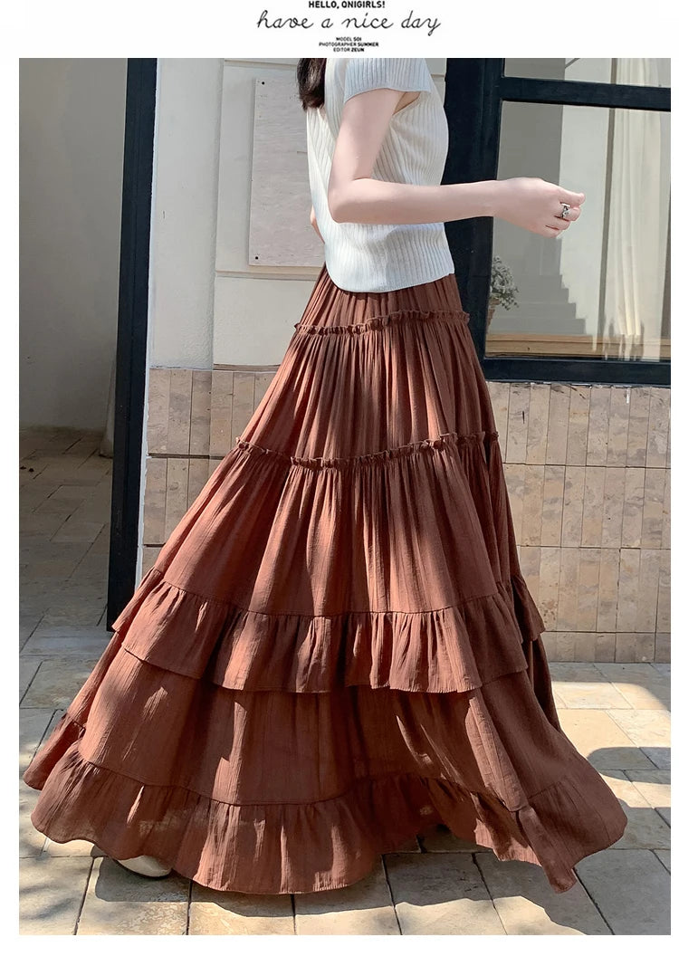 White Tiered Ruffle Hem Skirt 2025 - High Waist Flowy A-Line Maxi Skirt, Summer Chiffon Layered Skirt with Pleats