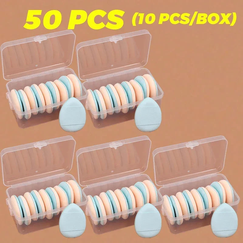 50Pcs Mini Finger Cosmetic Puff Set with Box Water Droplet Shape Air Cushion Detail Makeup Puffs Concealer Foundation Applicator