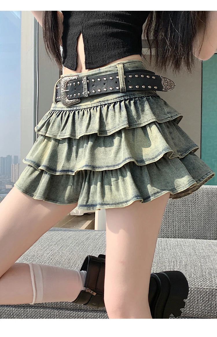 New Summer Women Hotsweet Mini Denim Skirt High Waist Vintage Layered Ruffles Short Skirt Tierred Ball Gown Cute Skirt With Belt