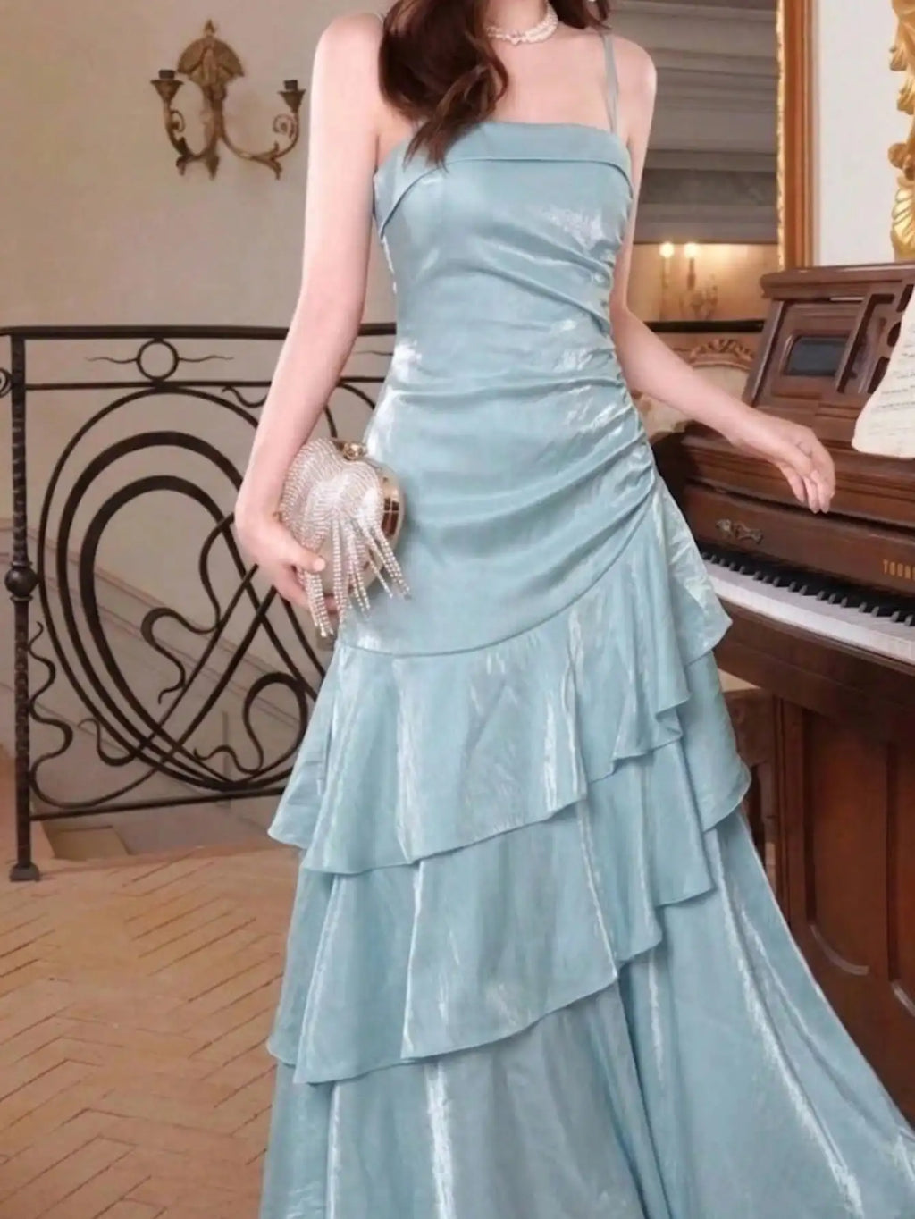 Women's Ruffles Elegant Romantic Spaghetti Straps Dresses Prom Gown Princess Graduation Party Sling DressFestival Formal Clothes