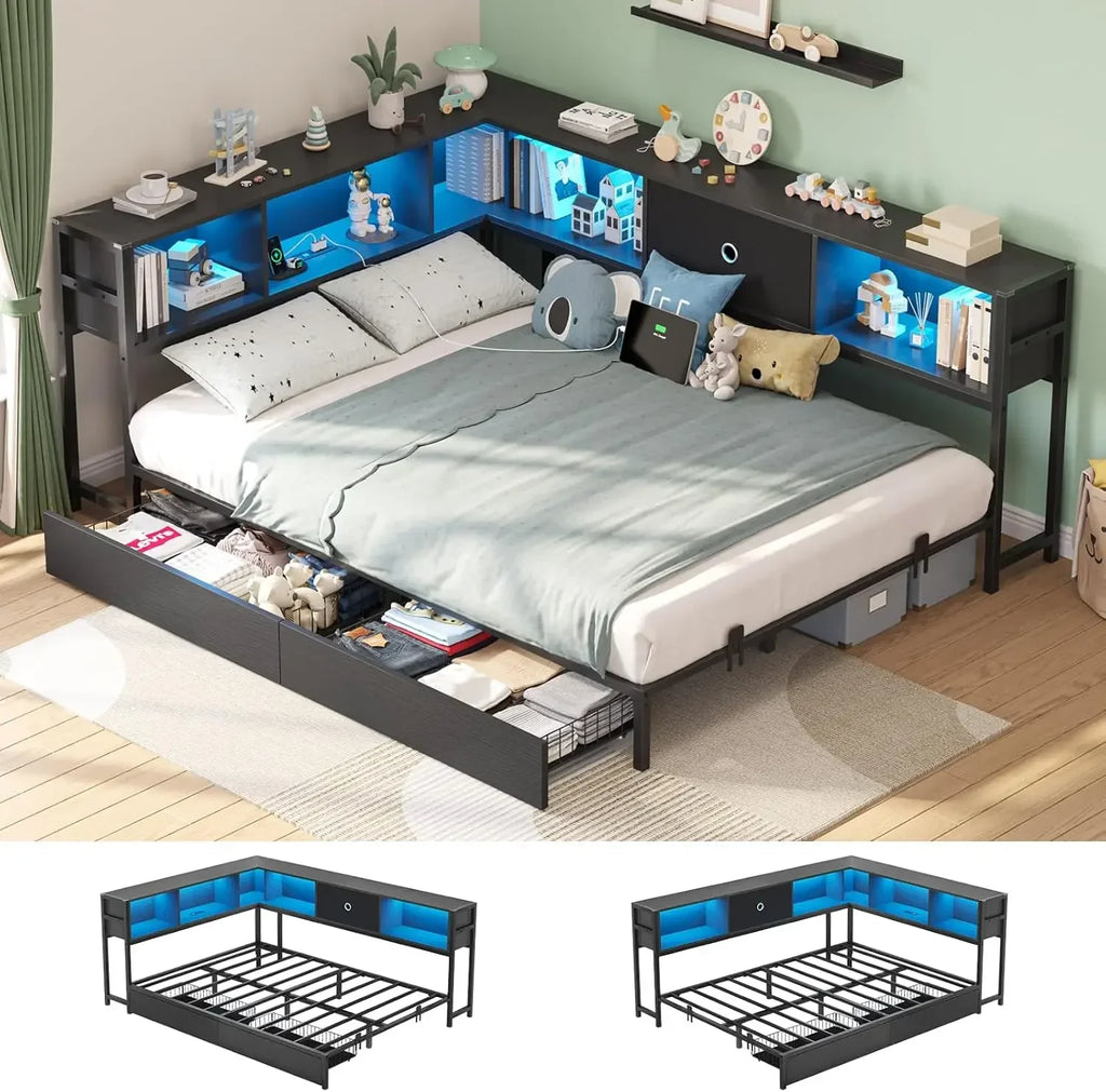Full Size Daybed Bed Frame Metal Platform Corner Bookcase Headboard Storage Drawers Charging Station Led Lights Kids Teens Guest