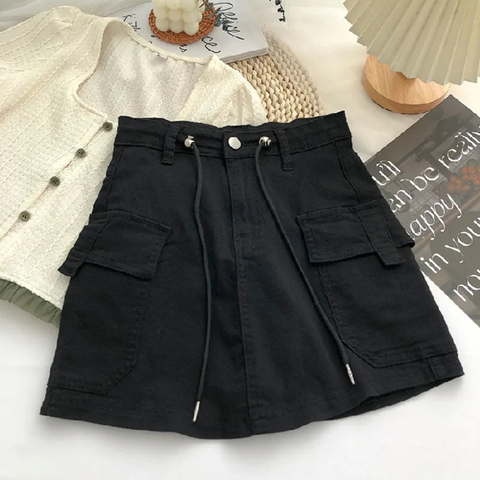 New in Women Summer Drawstring High Waist Denim Package Hip Half-body Skirt Korean Fashion Vintage Versatile Skirt Women Clothes