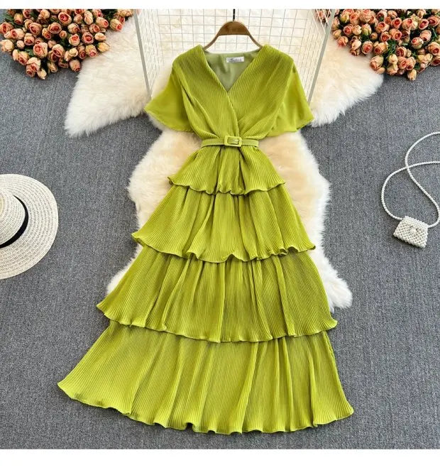 Beach Vaion Vintage Women's V-ne High-waist Cake Dr Ele Aosphere Maxi Skirt Loose Fit ort Sve Ci Commute