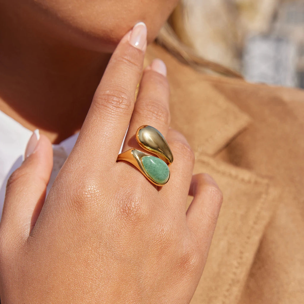 Youthway Water Drop Natural Stone Open Rings For Women Minimalist 18K Gold Plated Stainless Steel Rings Simple Fashion Jewelry