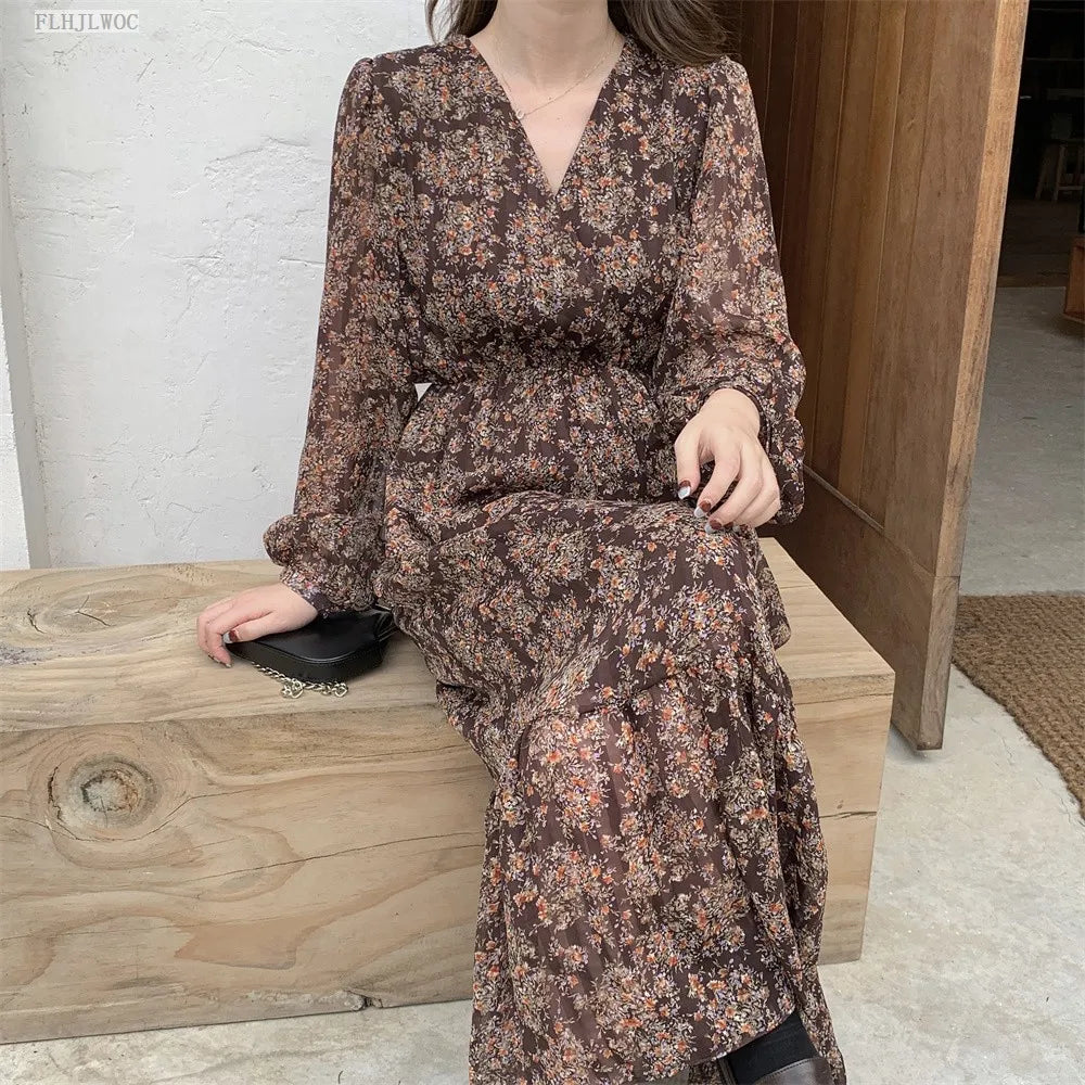 Chic Korean Clothes Design 2022 Autumn Spring Womens V Neck Elegant Lady Floral Printed Retro Vintage Long Maxi Dress