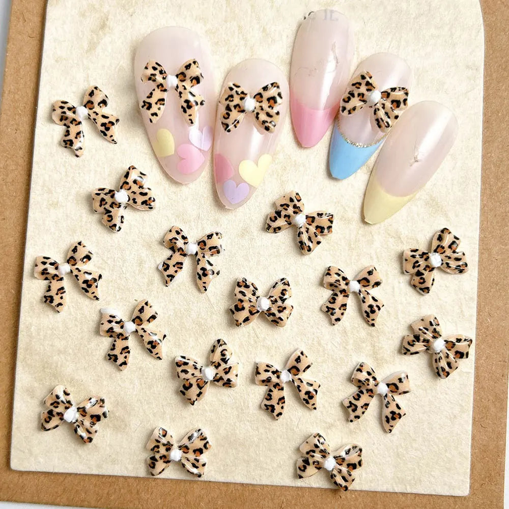 50pcs Leopard Print Bow Nail Art Decorations 10mm 3D Resin Leopard Ribbon Nail Charms Leopard Designs Acrylic Nail Art Supplies