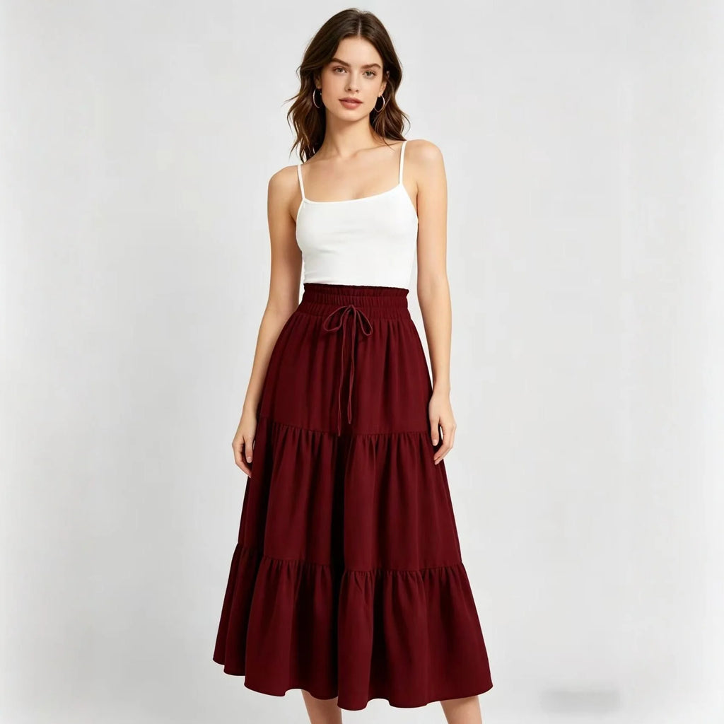 Elegant High Waist A-Line Midi Skirt with Drawstring Pure Color Women's Fashionable Versatile Half-length Skirt for Casual Tr...