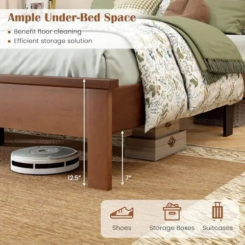 Full Size Wood Bed Frame, Mid-Century Modern Platform Bed with Headboard, Solid Wood Legs, Mattress Foundation with 12