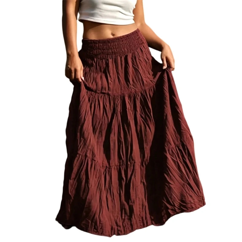 77HE Skirts for Women, Long Maxi Flowy Skirts, A-Line Ruffle Elastic High Waist Tiered Casual Beach