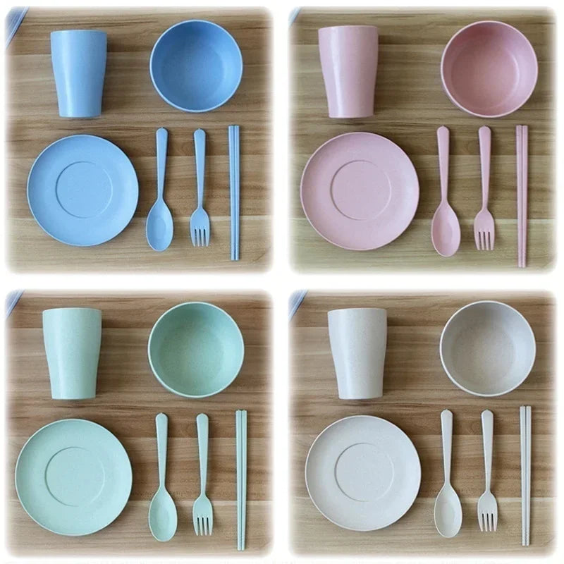 6 Pcs/Set Wheat Straw Baby Tableware Children Food Dishes Bowl Feeding Infant Learning Dinnerware Spoon Chopsticks Fork Cup New