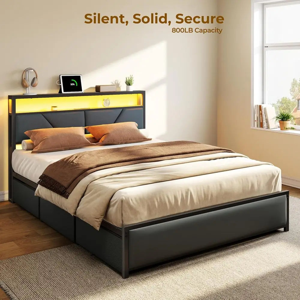 Size Bed with 2-Tier Storage, PU Leather Upholstered Platform Bed with 6 Storage Drawers, Charging Station and LED Lights, No Bo