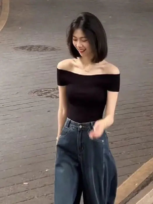 Shoulder Bared Knitted Short Sleeve T Shirt Women's Style Summer Edition Slim Fit Black Color Commute Fashion Creative Pattern