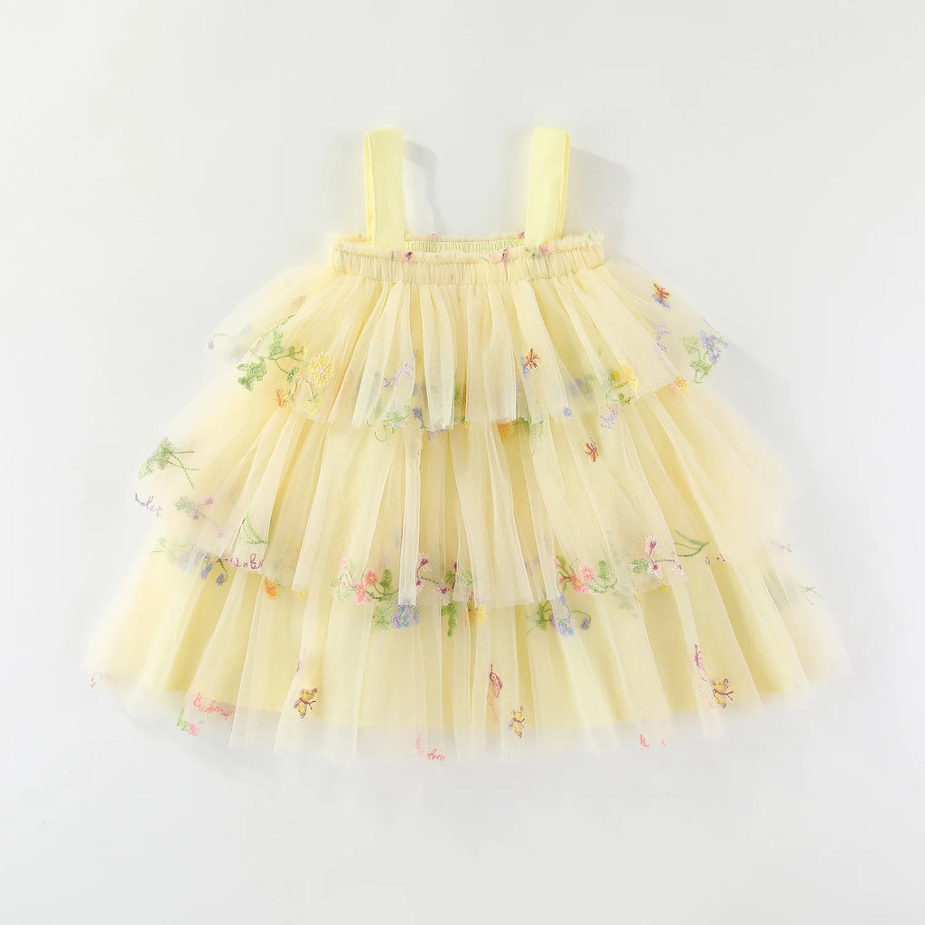Summer Kids Clothes Girls Floral Embroidery Mesh Dress 1-5Y Children Spaghetti Strap Princess Tutu Dress Beach Wear