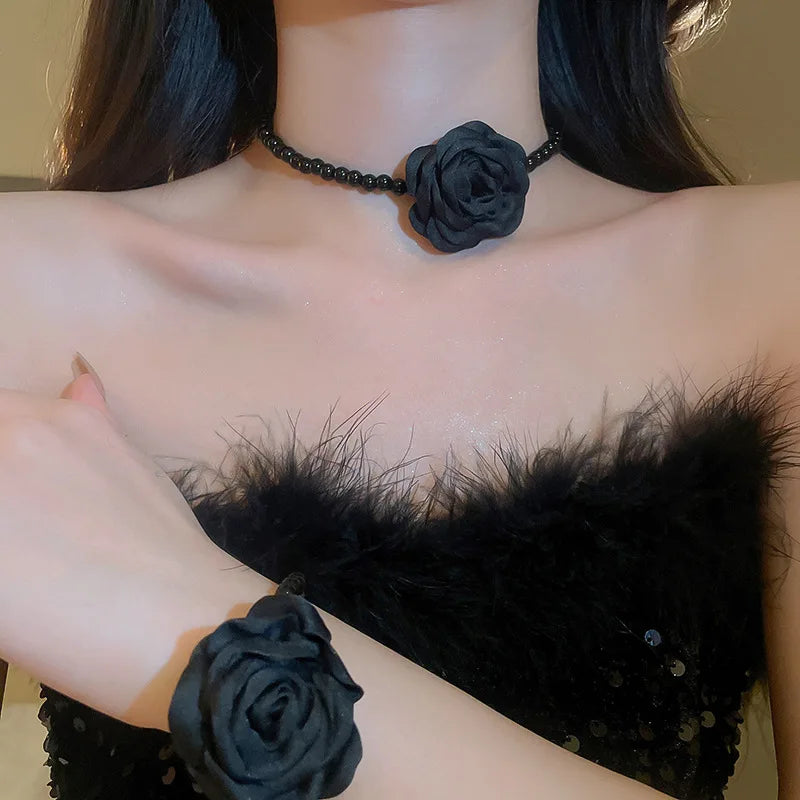 4 Pcs Jewelry Sets For Women'S Fabric Flowers Necklace Bracelet Earrings French Fashion Retro Style Girl Accessories Set