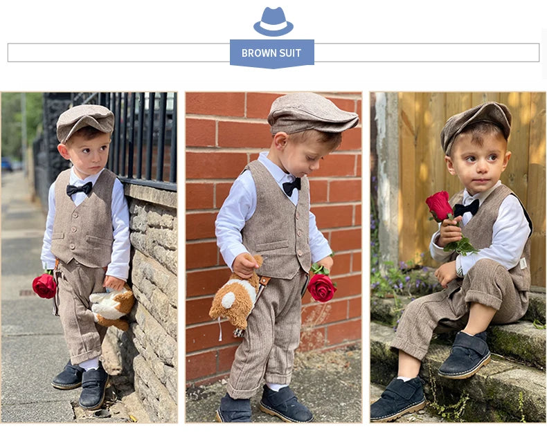 Baby Boys Gentleman Suit Formal 1st Birthday Newborn Outfit One-piece Jumpsuit+Vest+Bowtie+Suspender Toddler Clothes 1 2 3 years