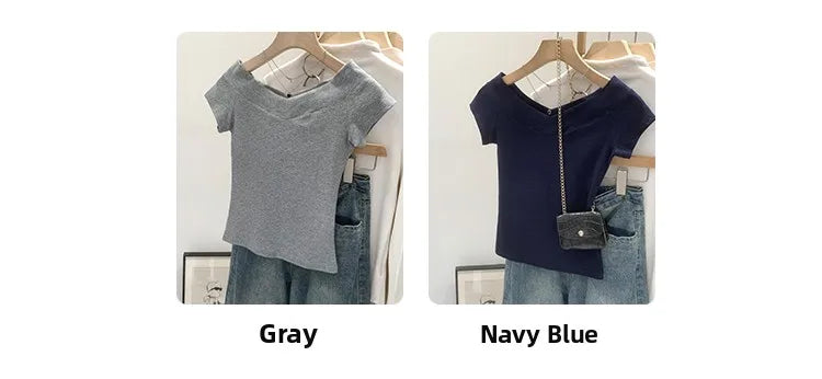 Pink Shoulder Bared Short Sleeve T Shirt Women's Summer New Style Ageless Lady Pure Desire Spicy Girl Top Simple Backless Design