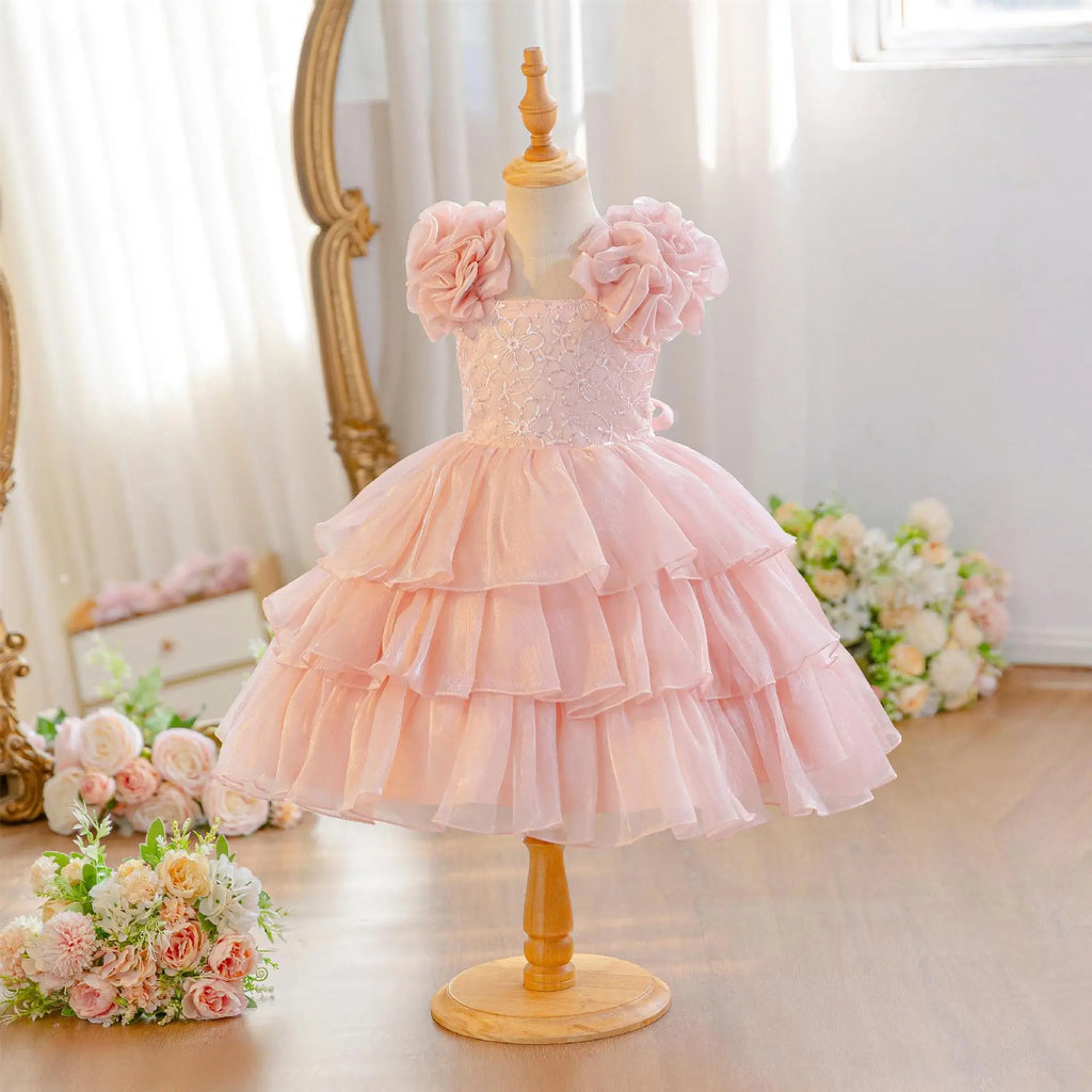 HETISO Baby Girls Summer New Version Layered Dresses Children's One Year Princess Sequined Pink Wedding Party Ball Gown 1-5Y