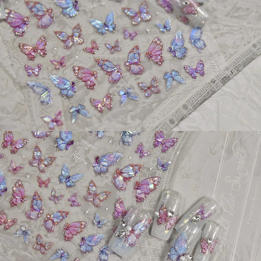 1pcs 5D Luxury Kawaii Butterfly Nail Stickers Japanese Glitter Shell Aurora Nail Art Decorations Decals DIY Manicure Slider Foil