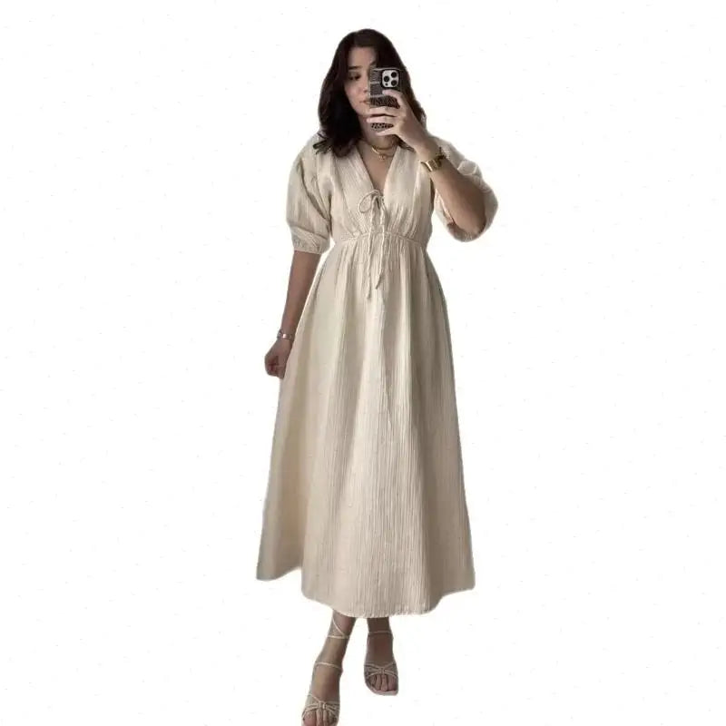 Dress Women Dresses A Line Puff Sleeve Vestidos V Neck Elastic Waist Elegant Mid Length Solid Y2k Streetwear Work Lace Up Summer