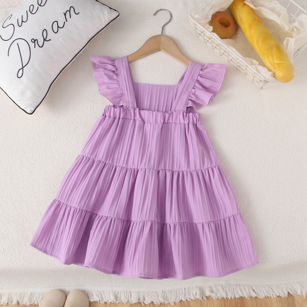 Girls Cake Princess Dress Solid Color Suspender Flying Sleeve Pink Dress Casual Kids Clothes Fashion Summer Wear