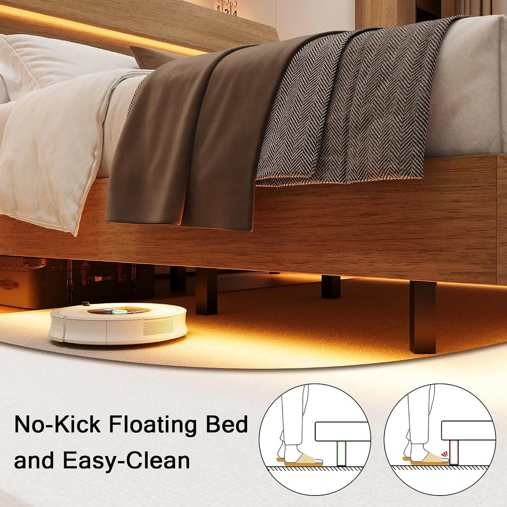 Floating Bed Frame Full with Led Lights and Charging Station, Full Size Platform Bed Frame w/Storage Headboard, Heavy Slats
