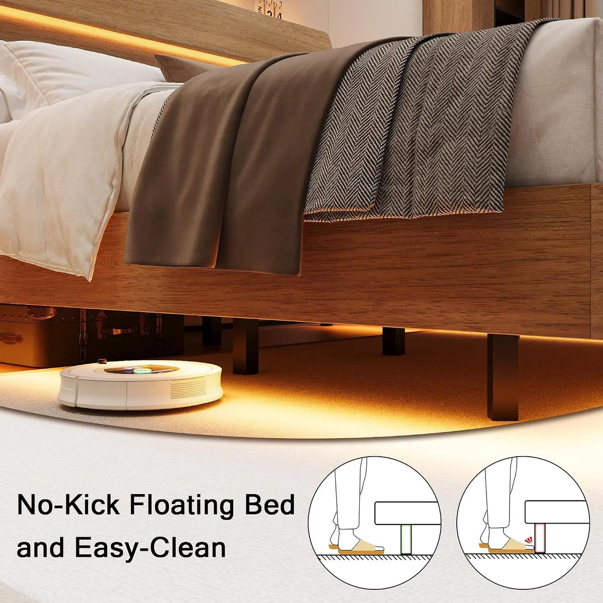 Floating Bed Frame Full with Led Lights and Charging Station, Full Size Platform Bed Frame w/Storage Headboard, Heavy Slats