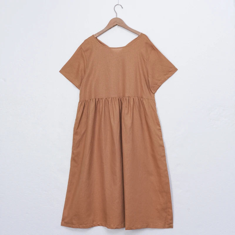 Women Cotton Linen Midi Dresses Summer Chic Female Vestidos Loose A-Line Dress Short Puffy Sleeve Casual Sundress