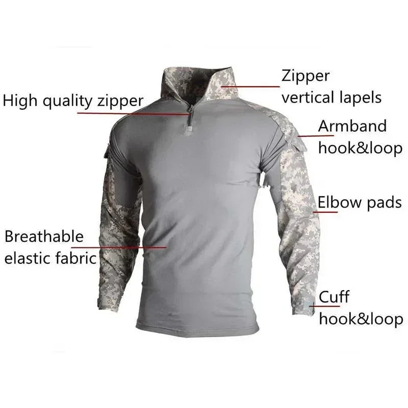Outdoor Long Sleeve Tactical Shirts Combat Shirt 1/4 Zipper Ripstop Cotton Wear-Resisting Camo Airsoft T Shirts Men Clothing