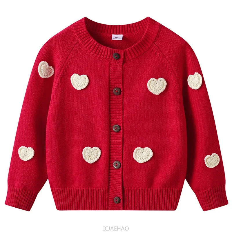 Teen Girl Clothes 2025 Children New Korean Cardigan Girls Knit Jacket Spring Autumn Outfit Style Costume Handmade Heart DIY Kids