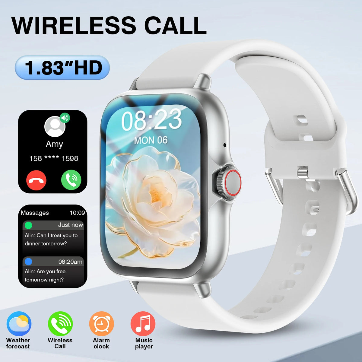 1.83" Touch Screen Smart Watch - Wireless Calling, Silicone Band
