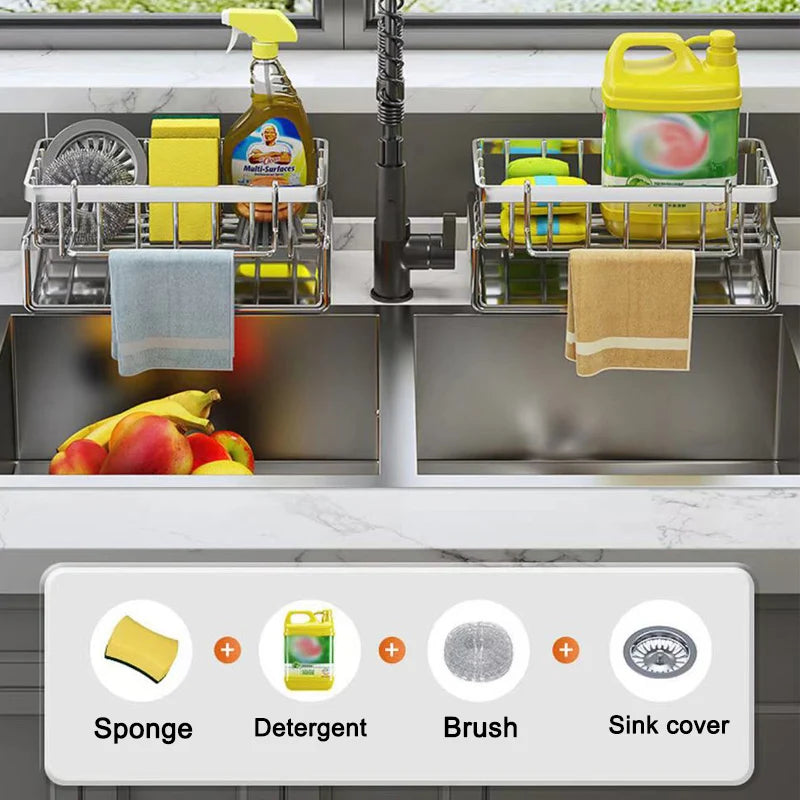 Rejilla de almacenamiento de herramientas de limpieza de fregadero, escurridor multifuncional de acero inoxidable para cocina, organizador de esponjas y detergentes, colgador de trapos