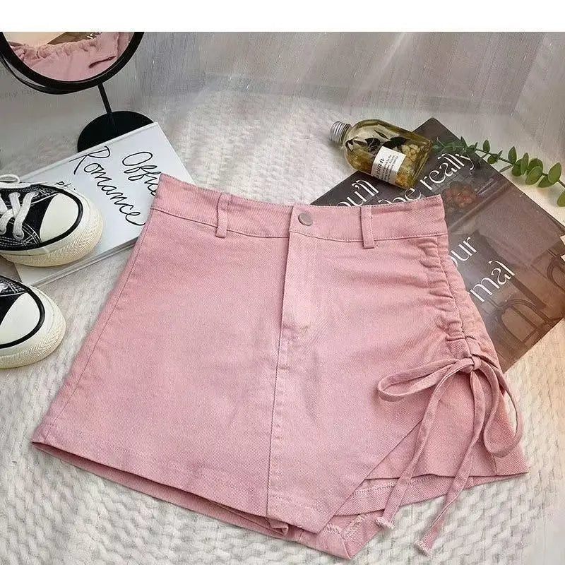 Korean style pink denim skirt female summer new design sense irregular drawstring casual fashion temperament slim A-line skirt.