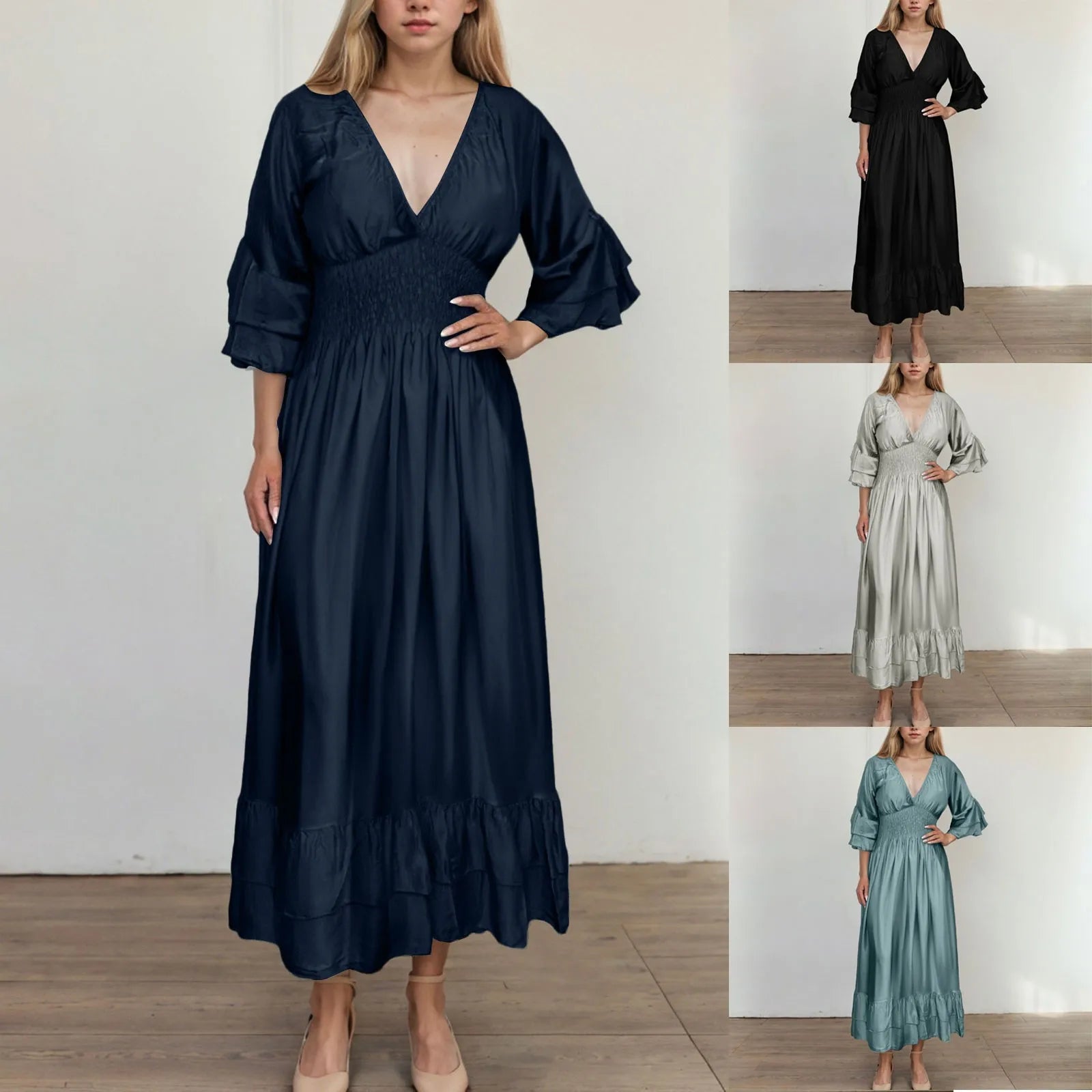 Womens Work Dresses Business Casual Women Sexy V Neck Ruffle 3/4 Sleeve Dress Casual Loose Ruffle Tiered Womens Sweater Dress