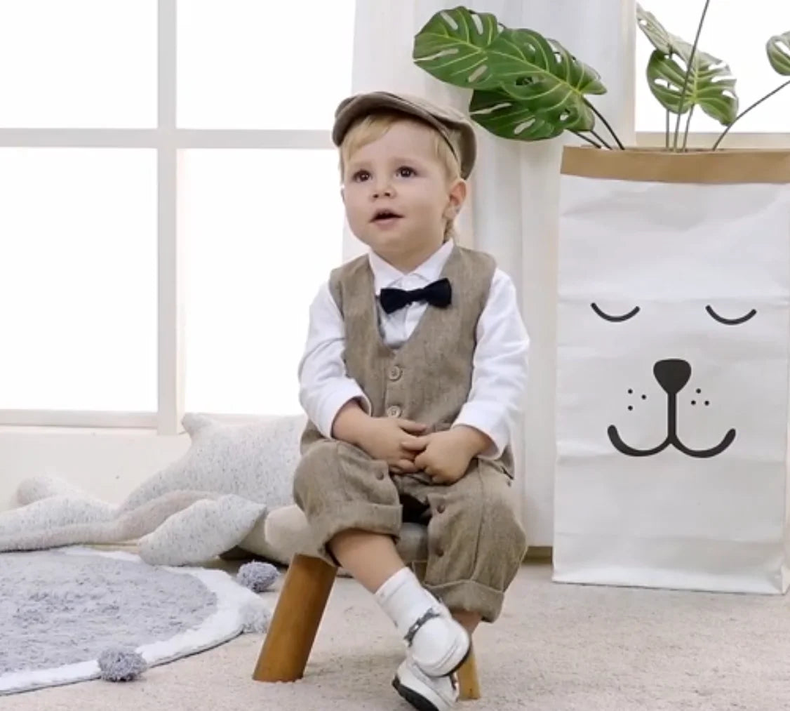 Newborn Baby Boy Formal Suit  Party Birthday Wedding Toddler Boys Outfit  Jumpsuit+Waistcoat+Beret+Bowtie+Suspender 0-3 Months