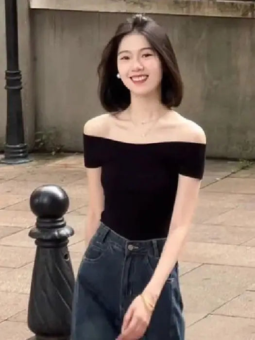 Shoulder Bared Knitted Short Sleeve T Shirt Women's Style Summer Edition Slim Fit Black Color Commute Fashion Creative Pattern