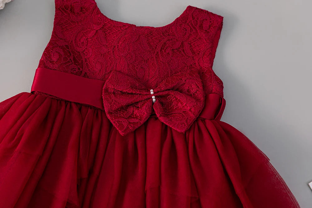 HETISO Red Lace Baby Dresses Christening Gown for Kids Princess Bowknot Toddler Girl Clothes Newborn Things 0-2Y