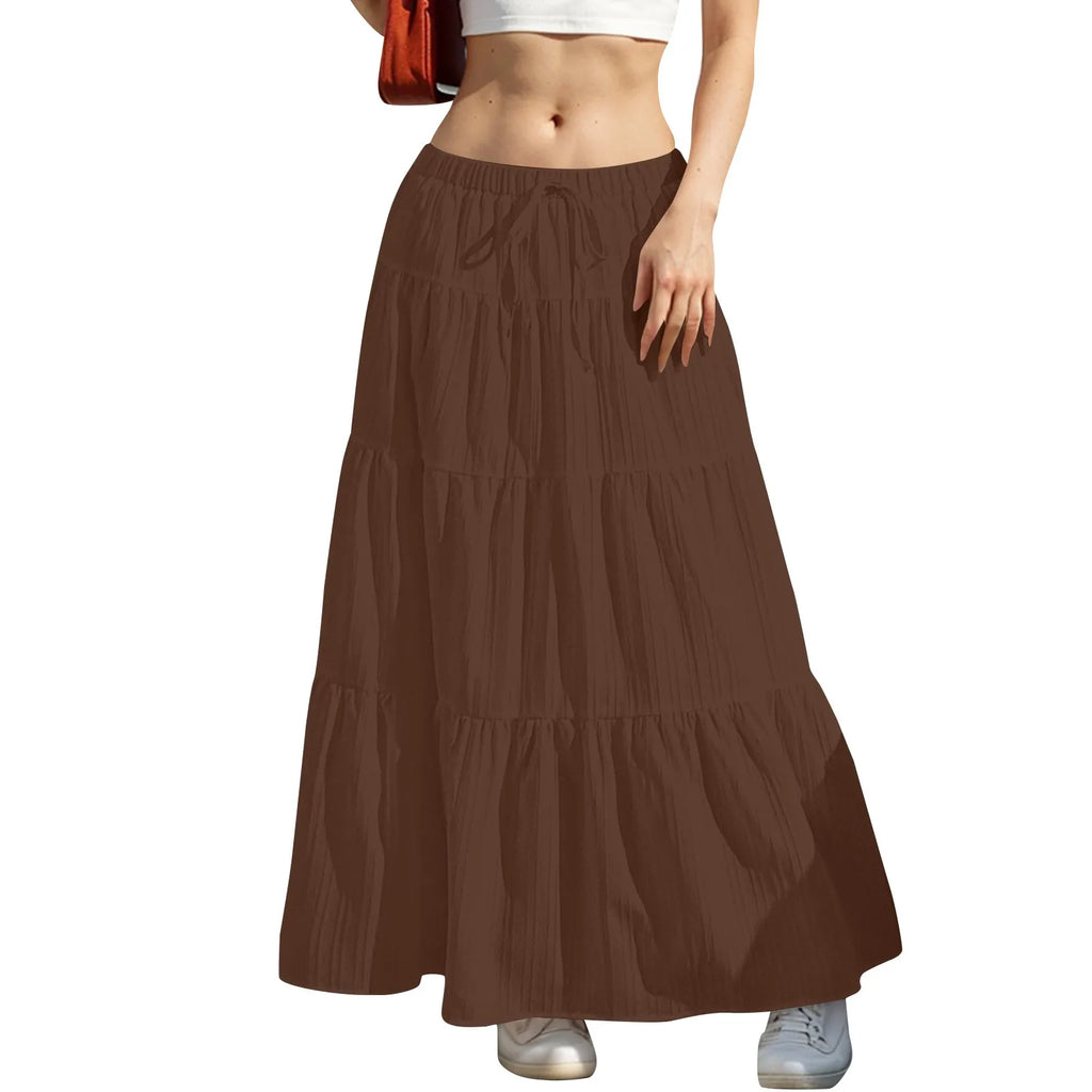 Women's Flared Ruffle Hem Maxi Skirt Fashion Women Solid Long Skirts Elastic Waist Elegant Long Skirt Spring Summer Cake Dress