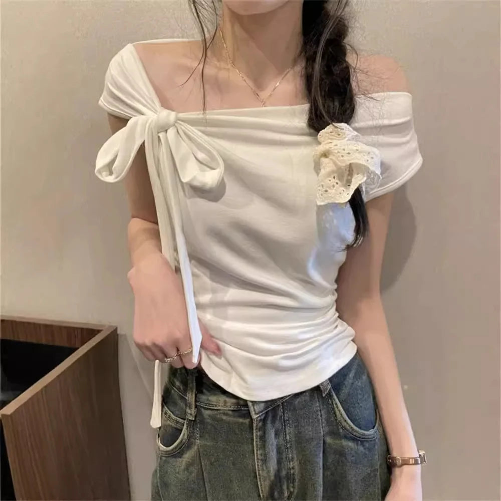 Sexy Spice Girl Shoulder Short Tshirt Women's Strap Slit Cleanfit Style Ladies' T-shirt Linen Fabric A-line Sleeve Other Mate...