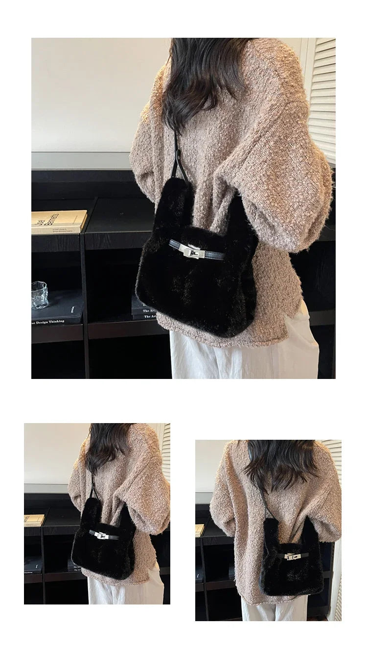 Fashionable Women's Bags Trend 2025 Faux Fur Shoulder Bags Plush Faux Mink Luxury Handbags Chic Crossbody Bag Solid Color Purses