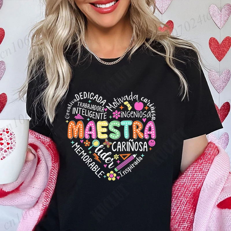 Spanish Maestra Women Girl T-shirt Casual Short Sleeve Round Neck Fashion Tee Shirt Teacher Comfy Tee Top Teacher Summer Clothes