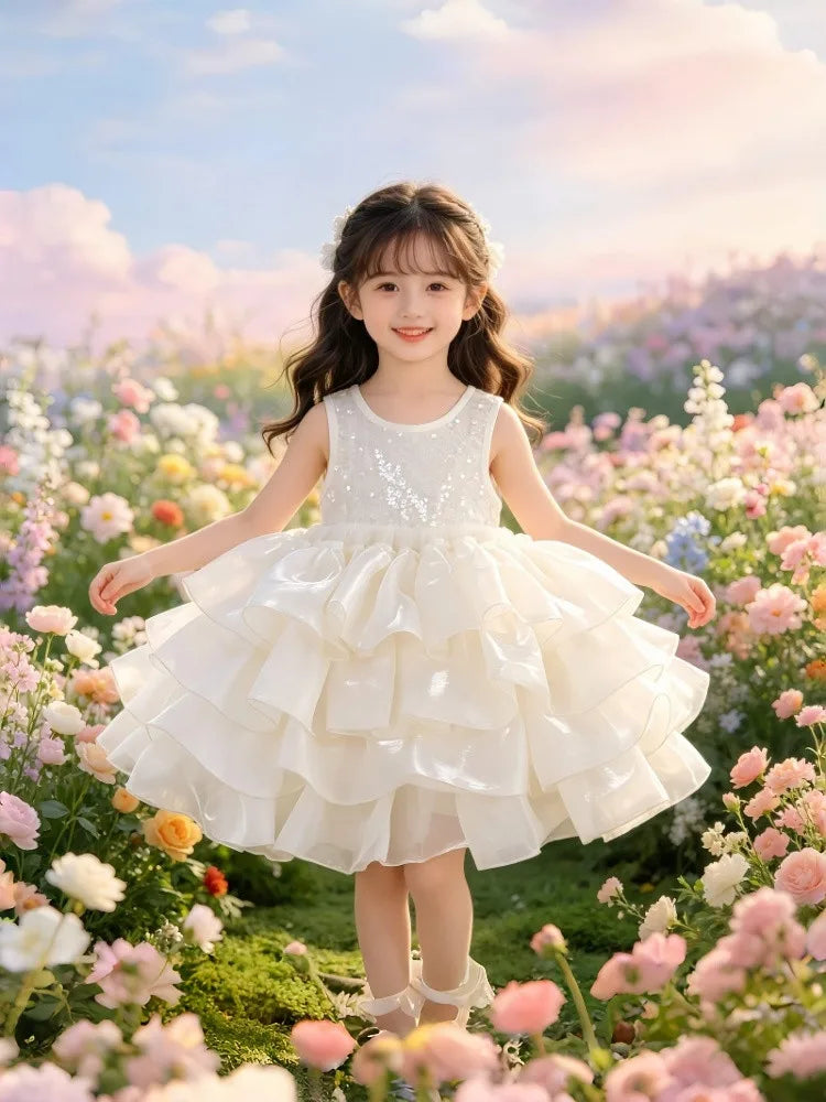 Girls Dress Temperament Princess Dress Sleeveless 2026 Summer New Girls Sequin Sweet Bow Puff Mesh Dress