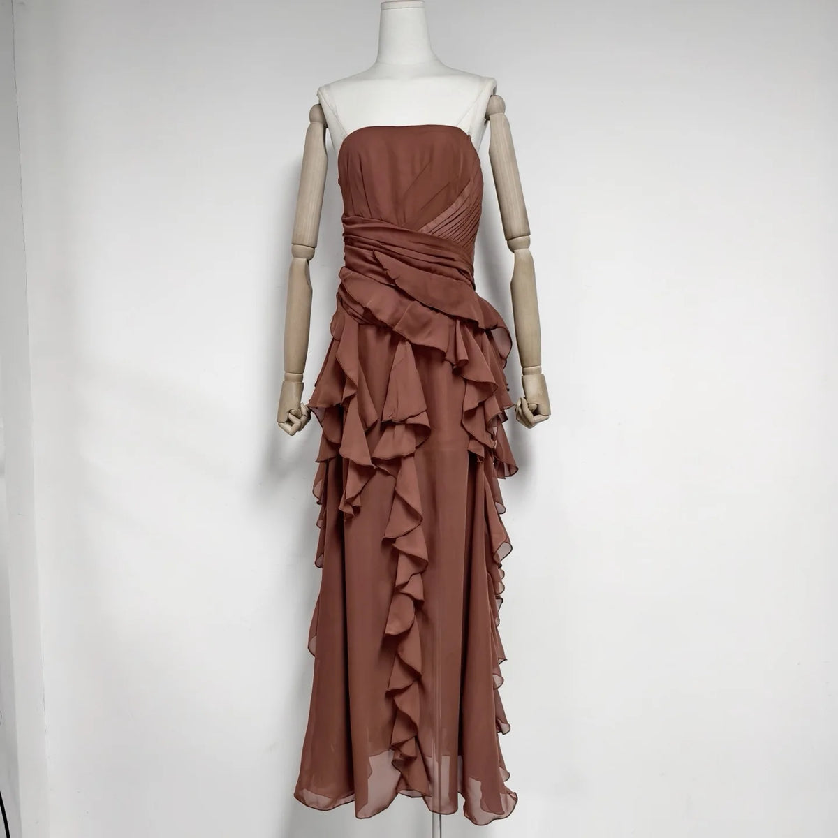 2026 Summer American Elegant Temperament Fashion Ruffled Splicing Sleeveless Strapless Irregular Split Chiffon Long Dress Women