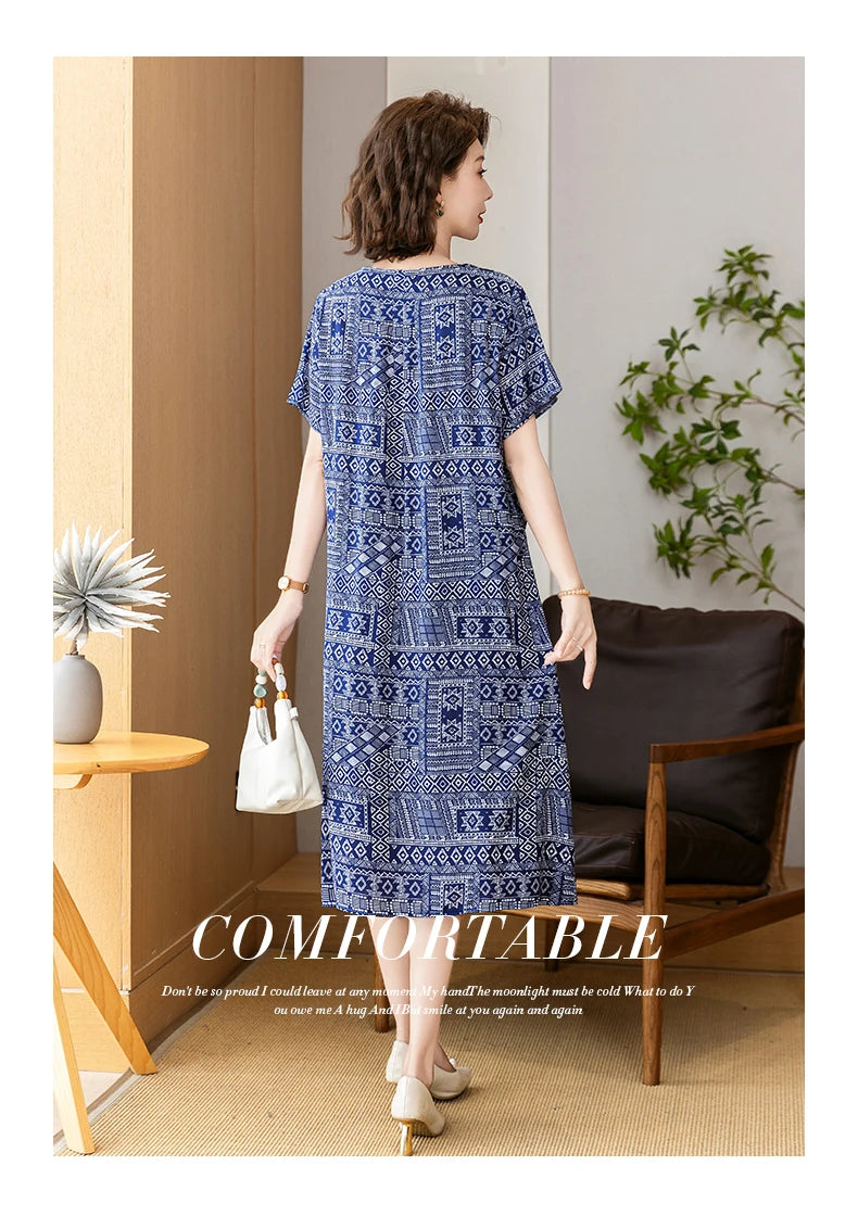 New 2025 Summer Dress Long Vintage Loose Women Elegant Sundress Dress Casual O-neck Dresses Print Plus Size