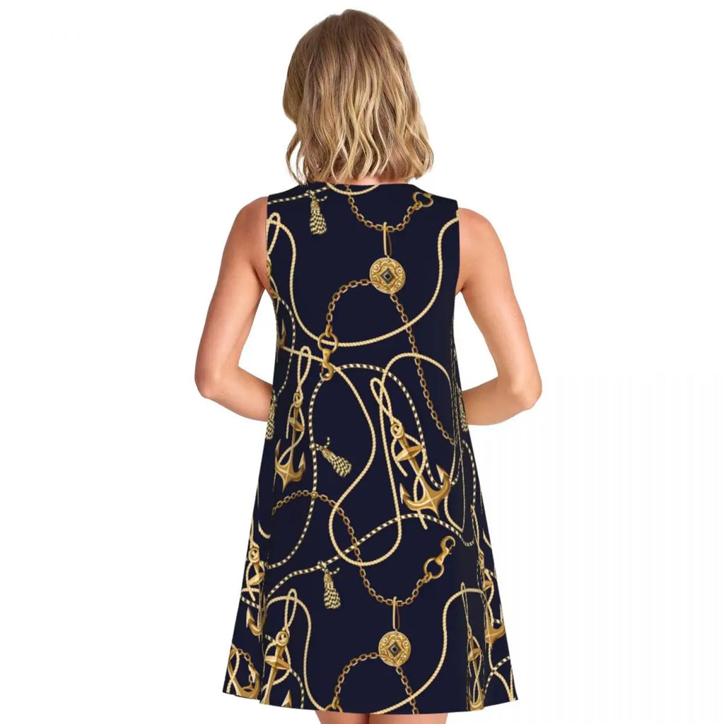 Gold Chains Print Casual Dress Anchor Korean Fashion Dresses Sleeveless Elegant Dress New Arrival Round Neck Lady Print Vestidos