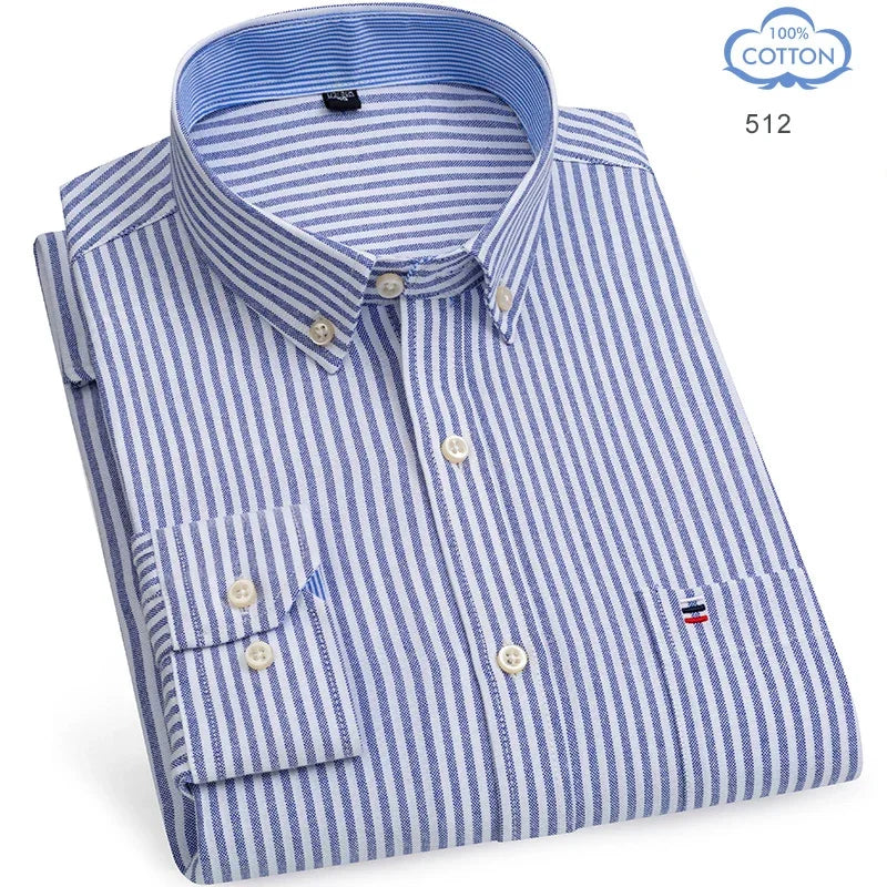 100 Percent Cotton Oxford Shirt For Men Long Sleeve Plaid Pattern Business Office Wear Smart Casual