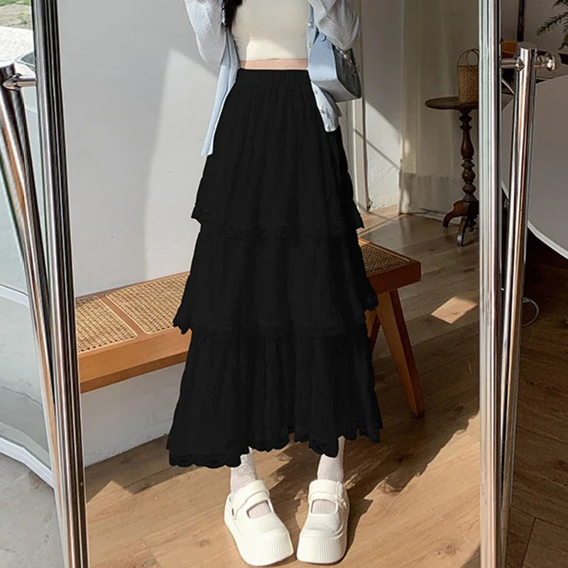 Sweet Lace Ruffles Long Skirt Women Summer Cute Puff Cake A Line Skirt Woman Korean Style High Waist White Chiffon Tulle Skirt